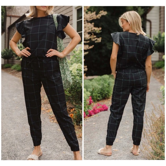 Albion Ruffle sleeve Short Sleeve Jumpsuit Black White Windowpane XL - Picture 1 of 14